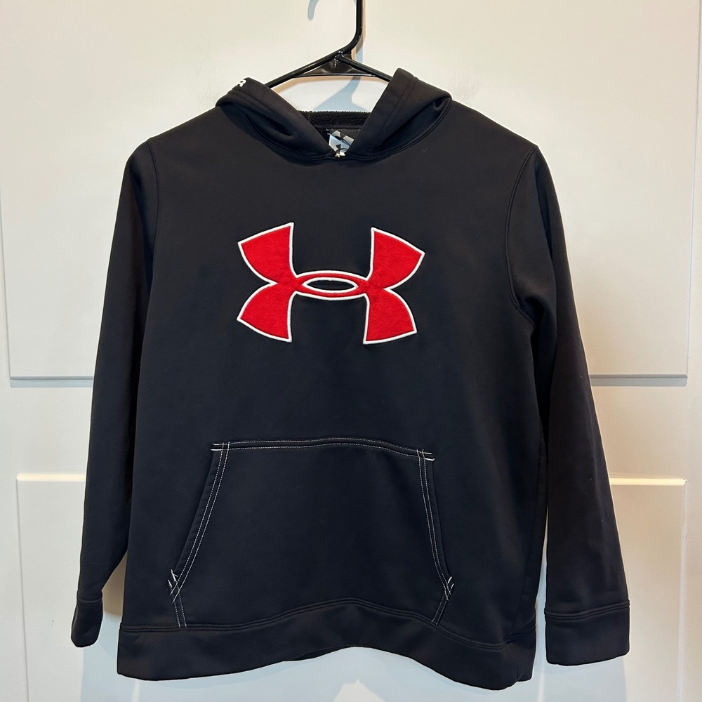 Under Armour Youth Big Logo Hoodie Black Red Size YLG Pullover Sweatshirt